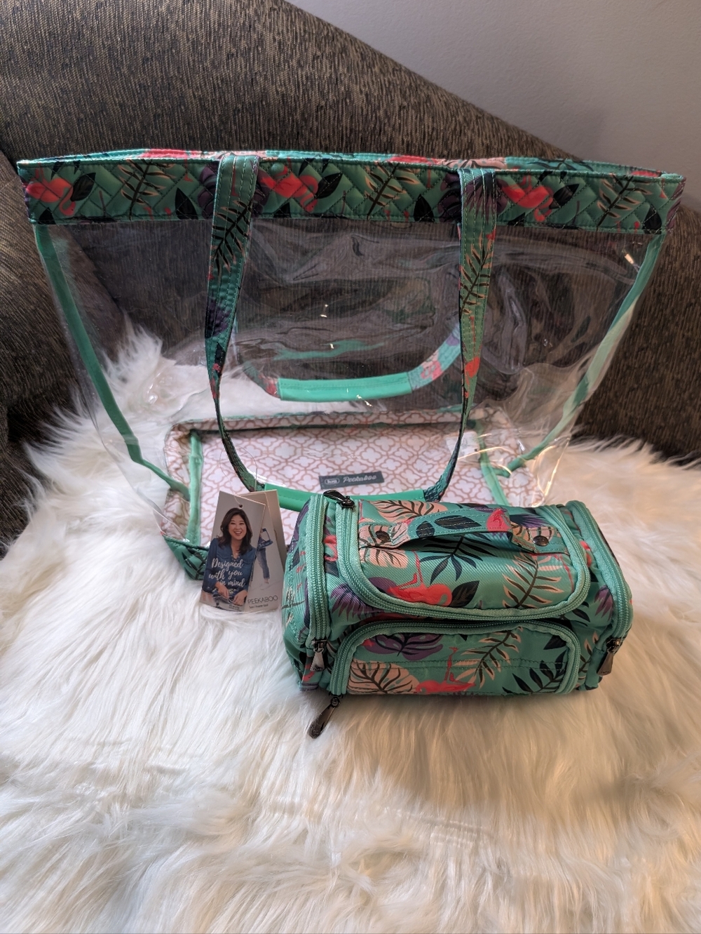 🦩Lug Peekaboo Flamingo Mint Tote W/ Bonus Matching Mini Trolley Case